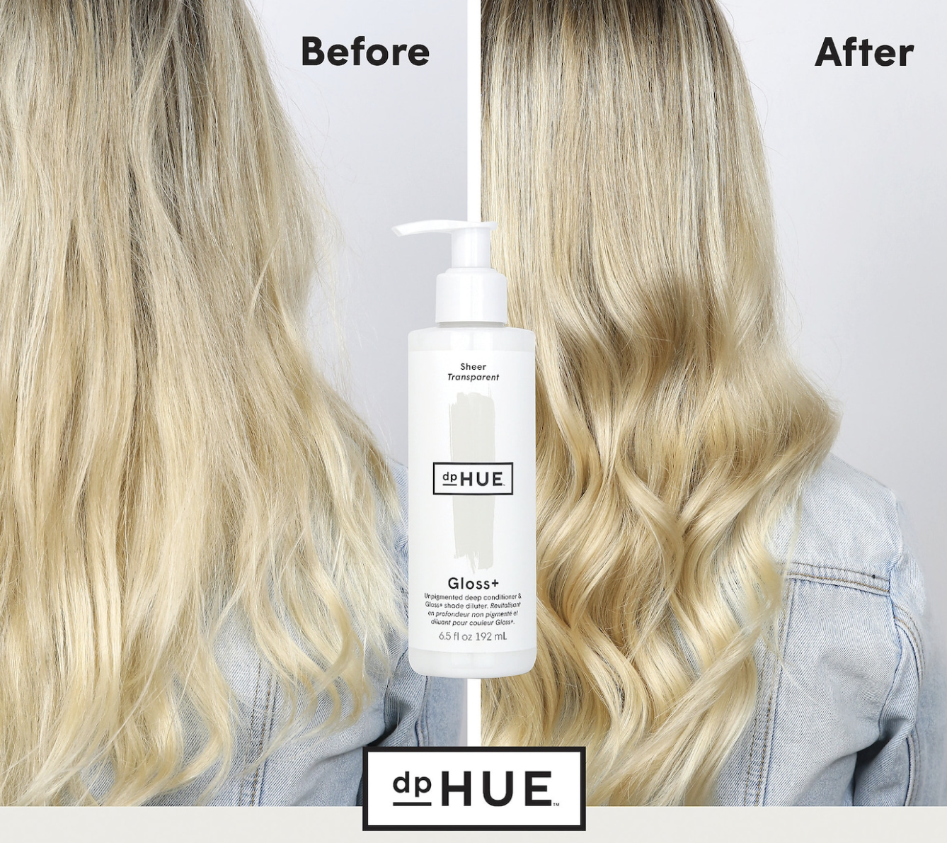 A before and after photo of a model&#x27;s blonde hair after using the shampoo