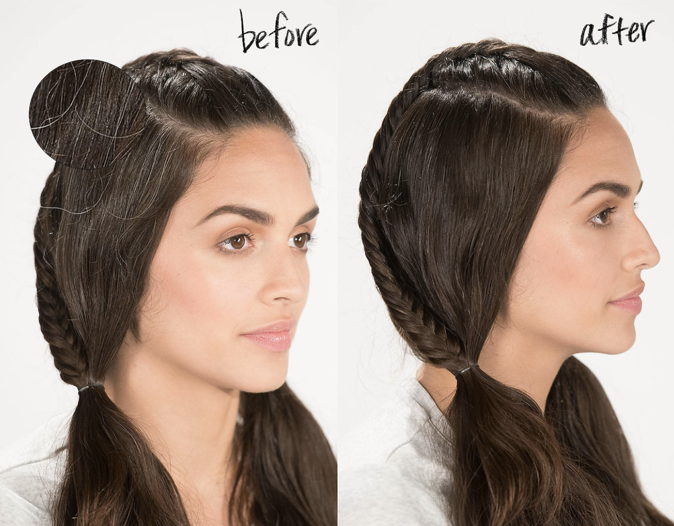 A before and after photo of a model's hair after using the color stick