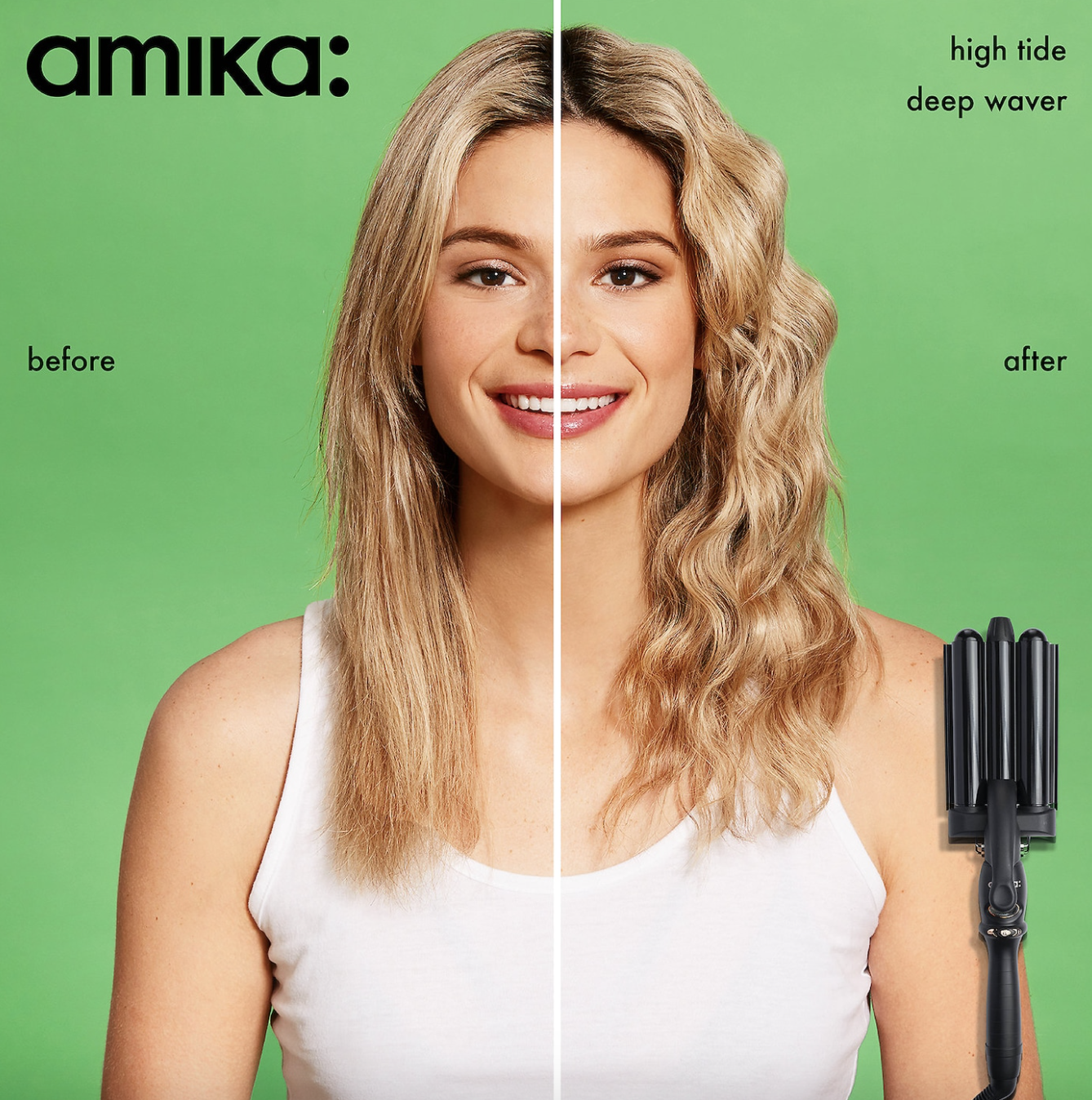 A before and after photo of a model&#x27;s hair after using the crimper