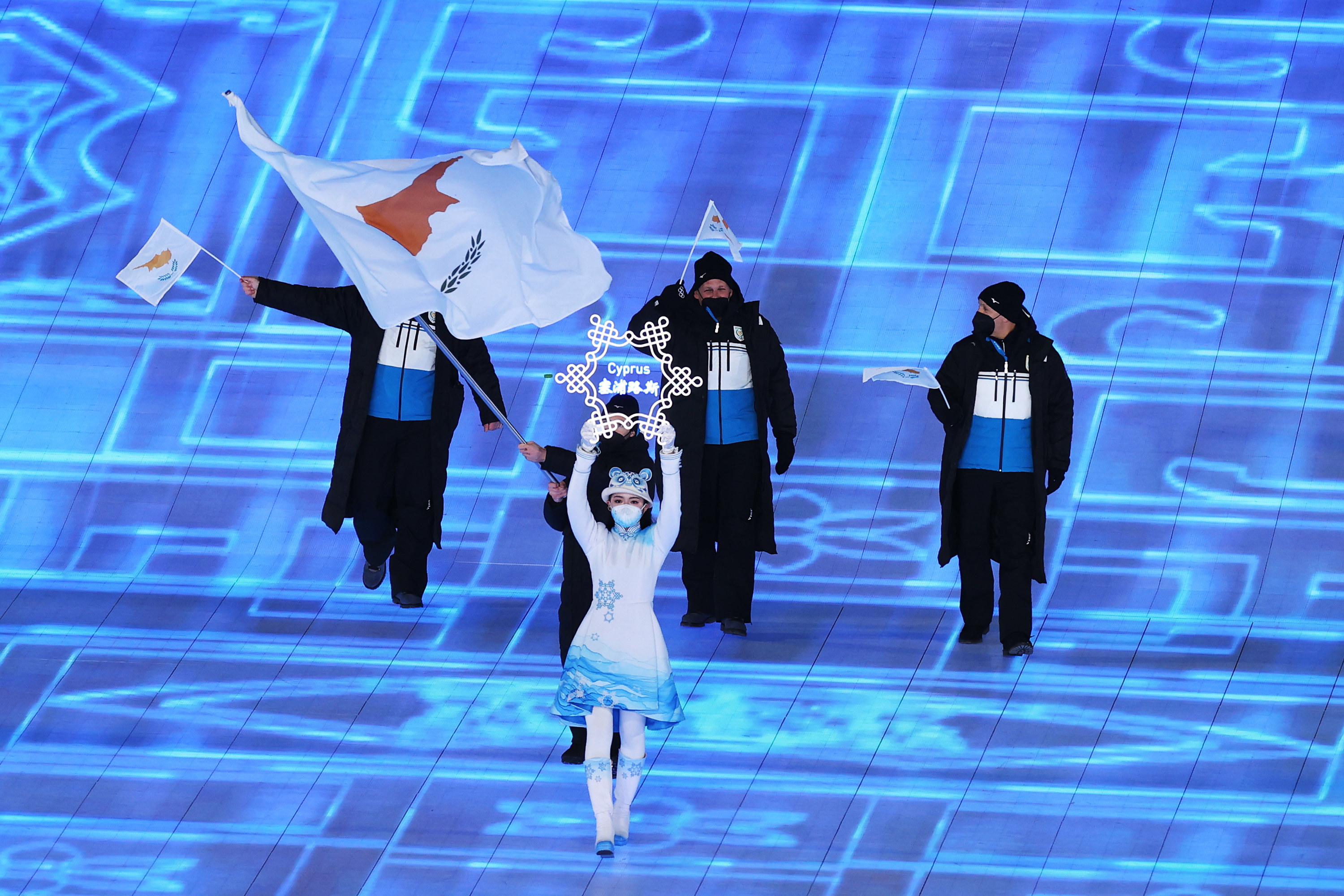 The team delegation from Cyprus entering the stadium during the Beijing Opening Ceremony