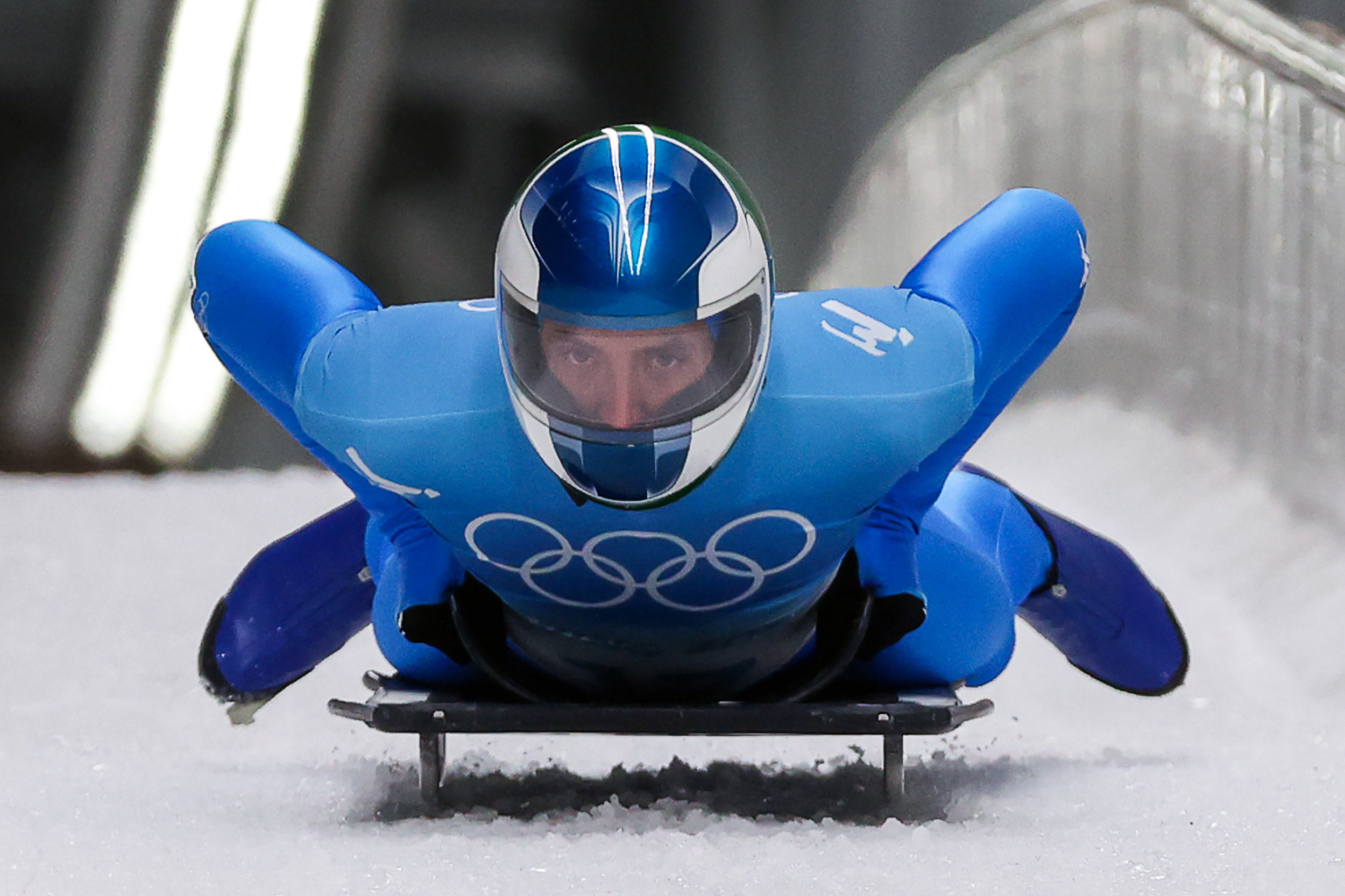 An Italian athlete on the track as he competes in the skeleton