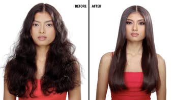 A before and after of a model's hair after using the anti-frizz treatment