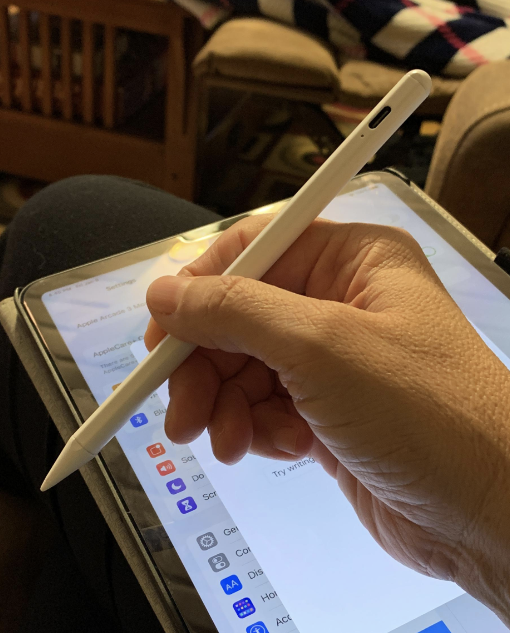 reviewer holding the stylus pen