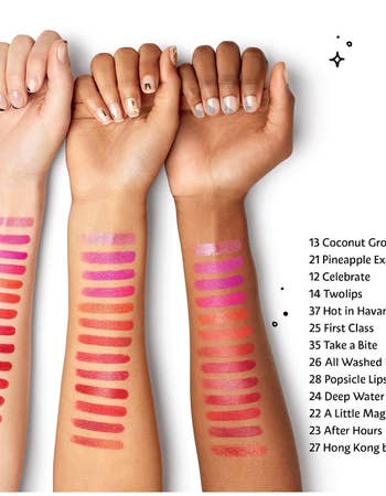 three models' arms with swatches of the different lipstick colors