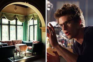 a victorian sitting room on the left and andrew garfield on the right