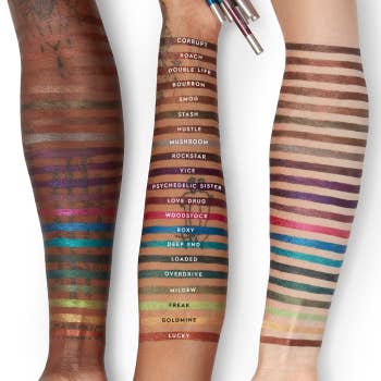 three models' arms with swatches of the different eyeliner colors