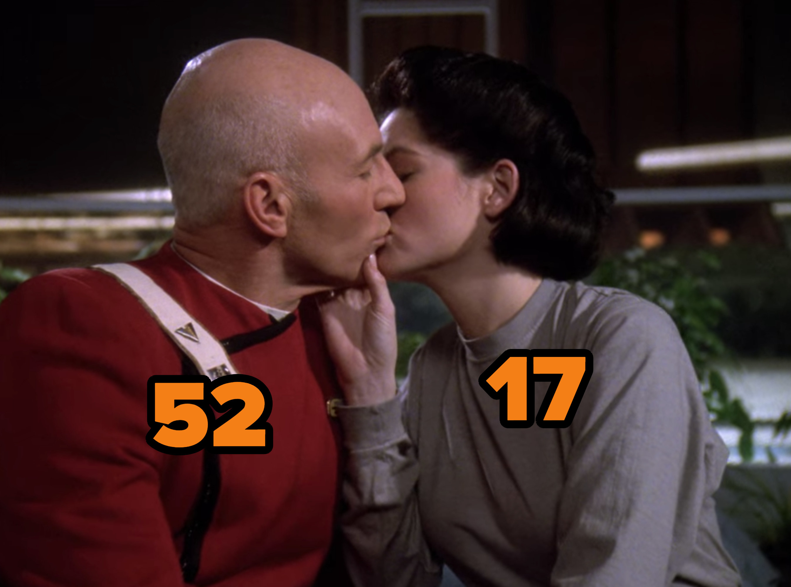 Patrick Stewart and J.C. Brandy kissing &quot;Star Trek&quot;