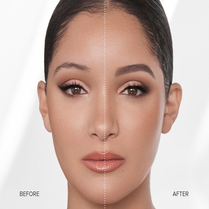 before and after showing a model's eyebrows with and without the pencil