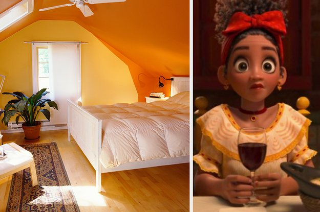 A plotted plant sits next to a freshly made bed and Dolores Madrigal clutches her full glass of wine