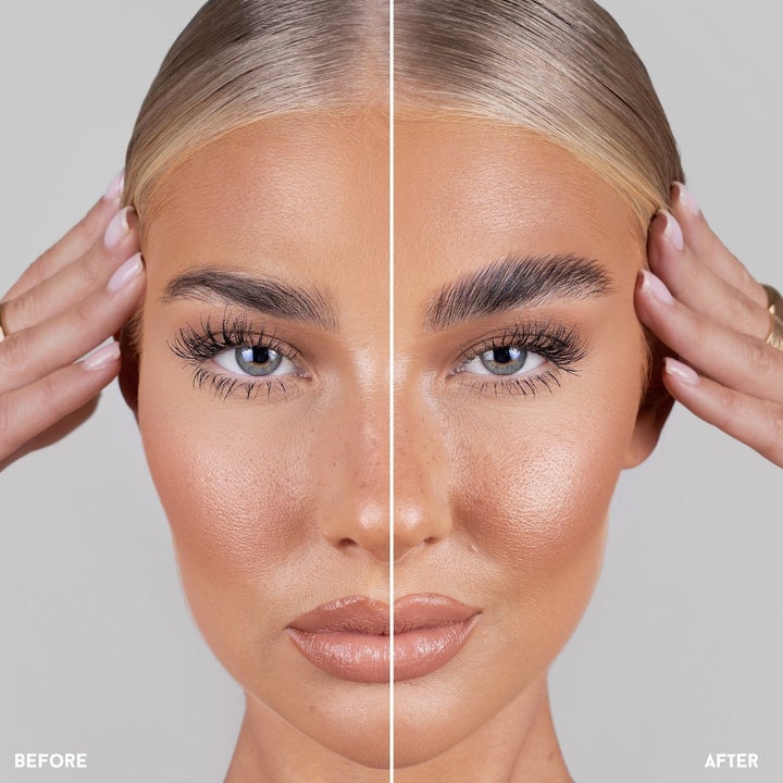 before and after showing model's eyebrows with and without the gel