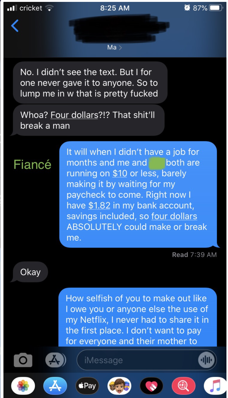 text screenshot of a mother berating her adult child over netflix access