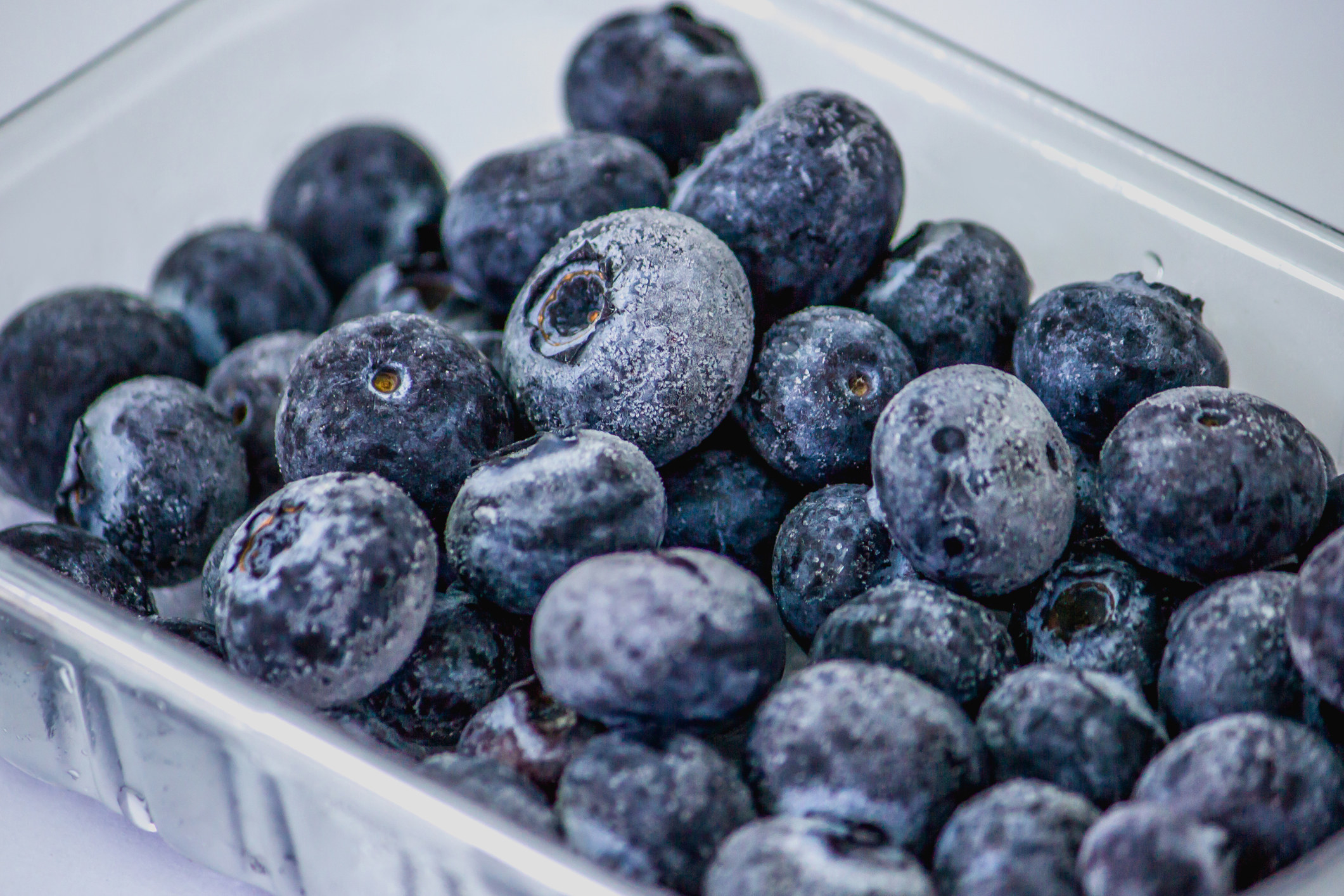 Fresh frozen blueberries in a container.