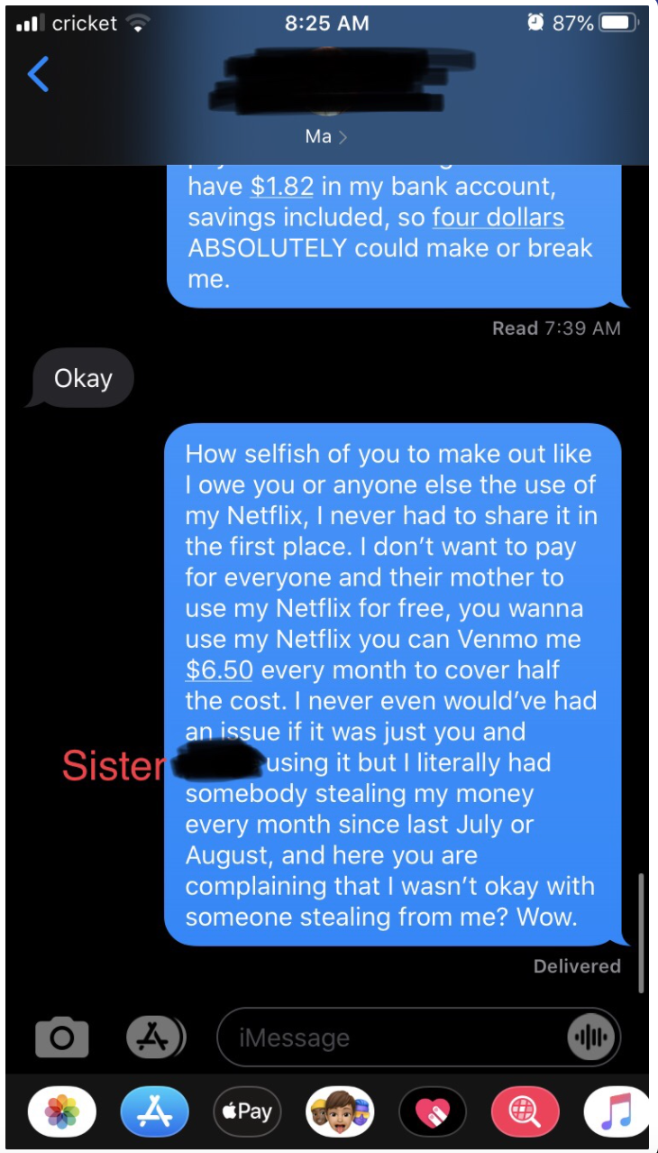 text screenshot of a mother berating her adult child over netflix access