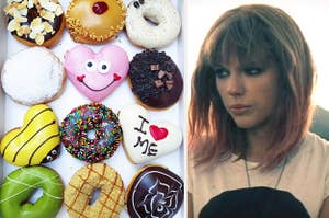 An overhead shot of colorful frosted donuts and a close up of Taylor Swift as she looks distressed