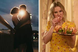 On the left, someone kissing someone else on the forehead by the light of a streetlight, and on the right, Eleanor from The Good Place eating shrimp