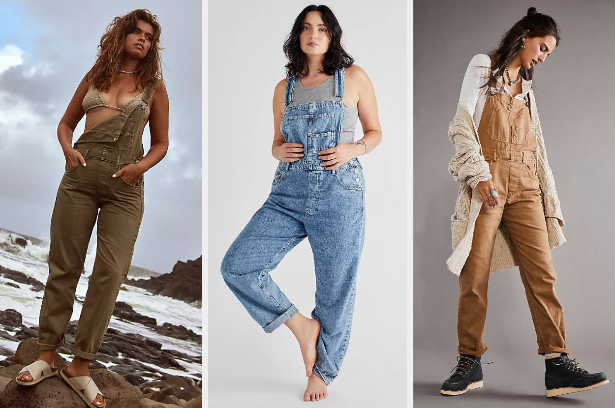 Three images of models wearing overalls
