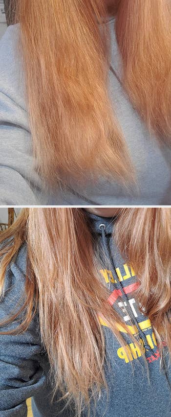 a reviewer's before and after of dry hair before using product, then silky hair after using product