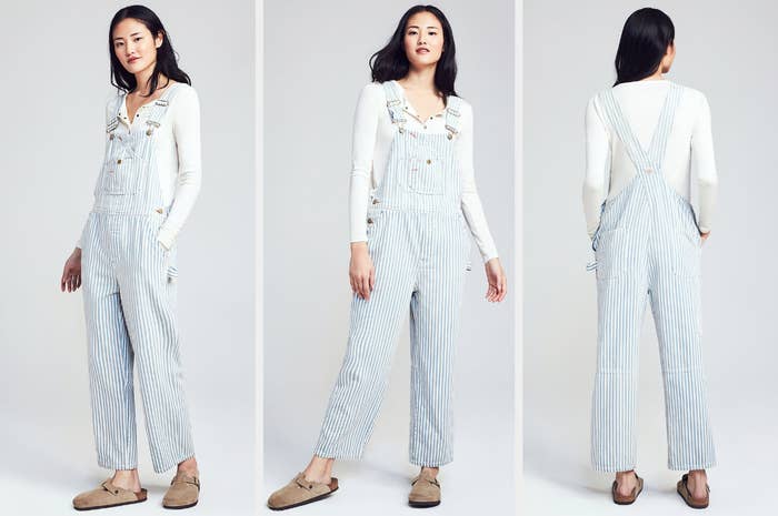 Three images of the model wearing the organic cotton overalls