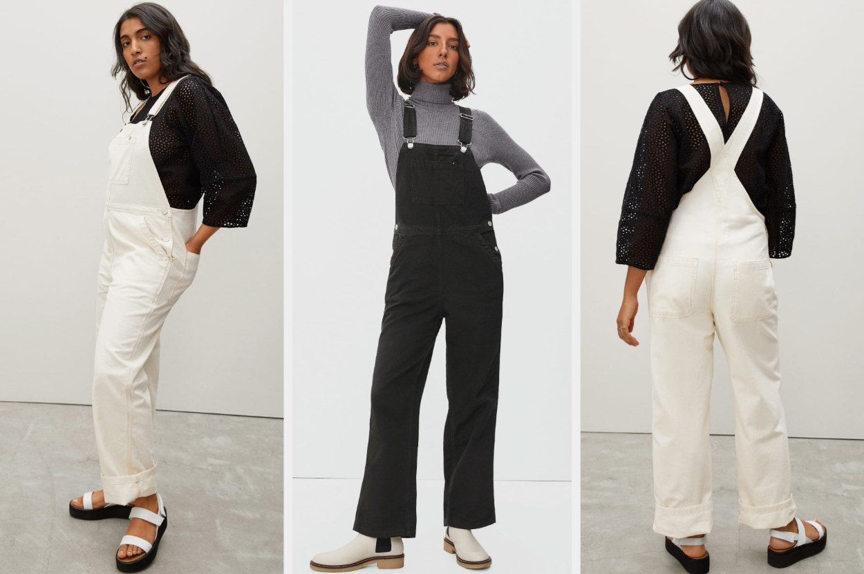 Three images of models wearing overalls