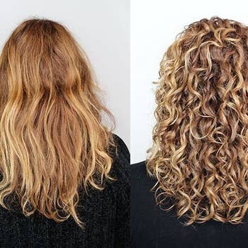 a before and after of curls after using olaplex
