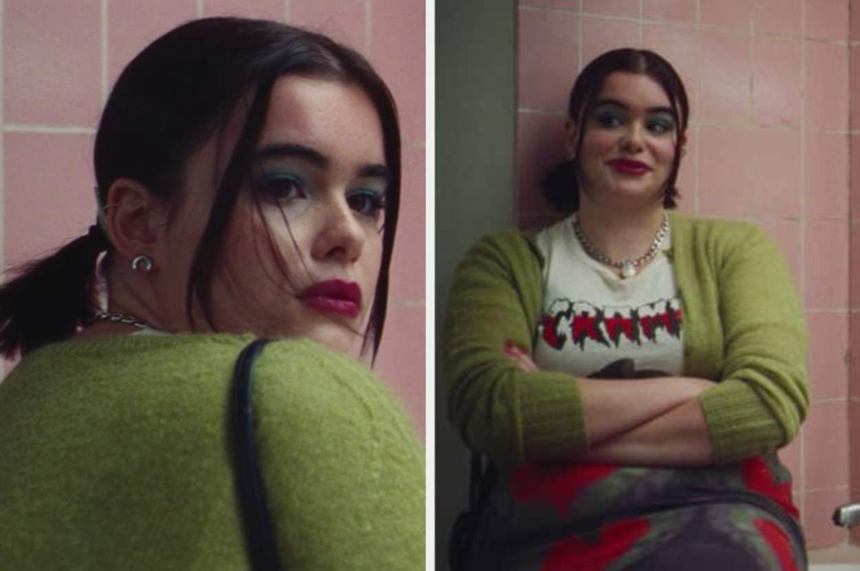 Kat talks to her classmates while wearing a red and green outfit and makeup