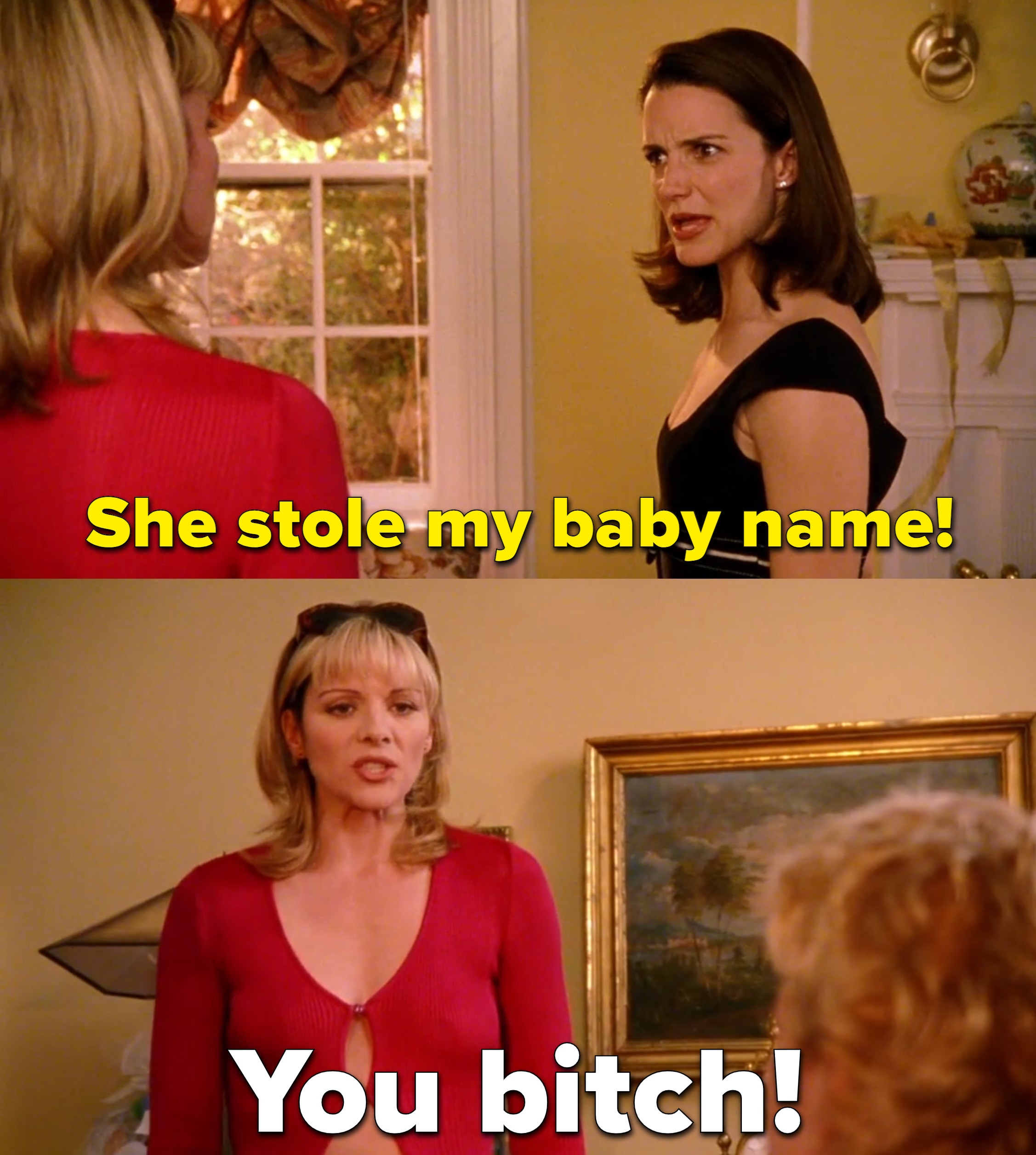 Scene from Sex and the City of Charlotte telling Samantha their friend Laney stole her baby name and Samantha saying &quot;You bitch!&quot;