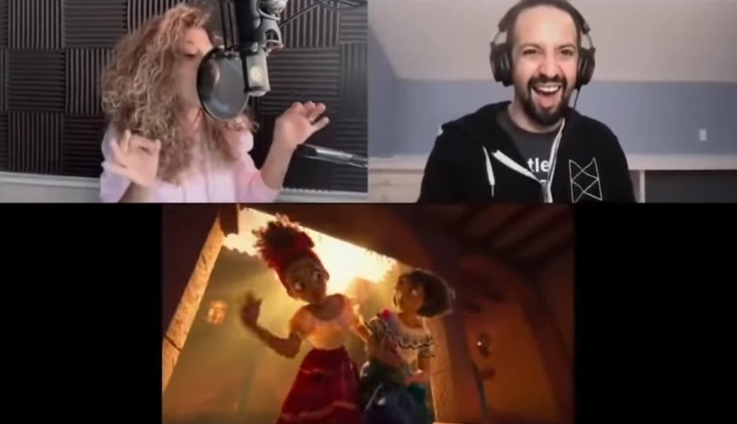 Singer Adassa recording her part while Lin Manuel Miranda is listening from a Zoom window in excitement and the animation is playing simultaneously
