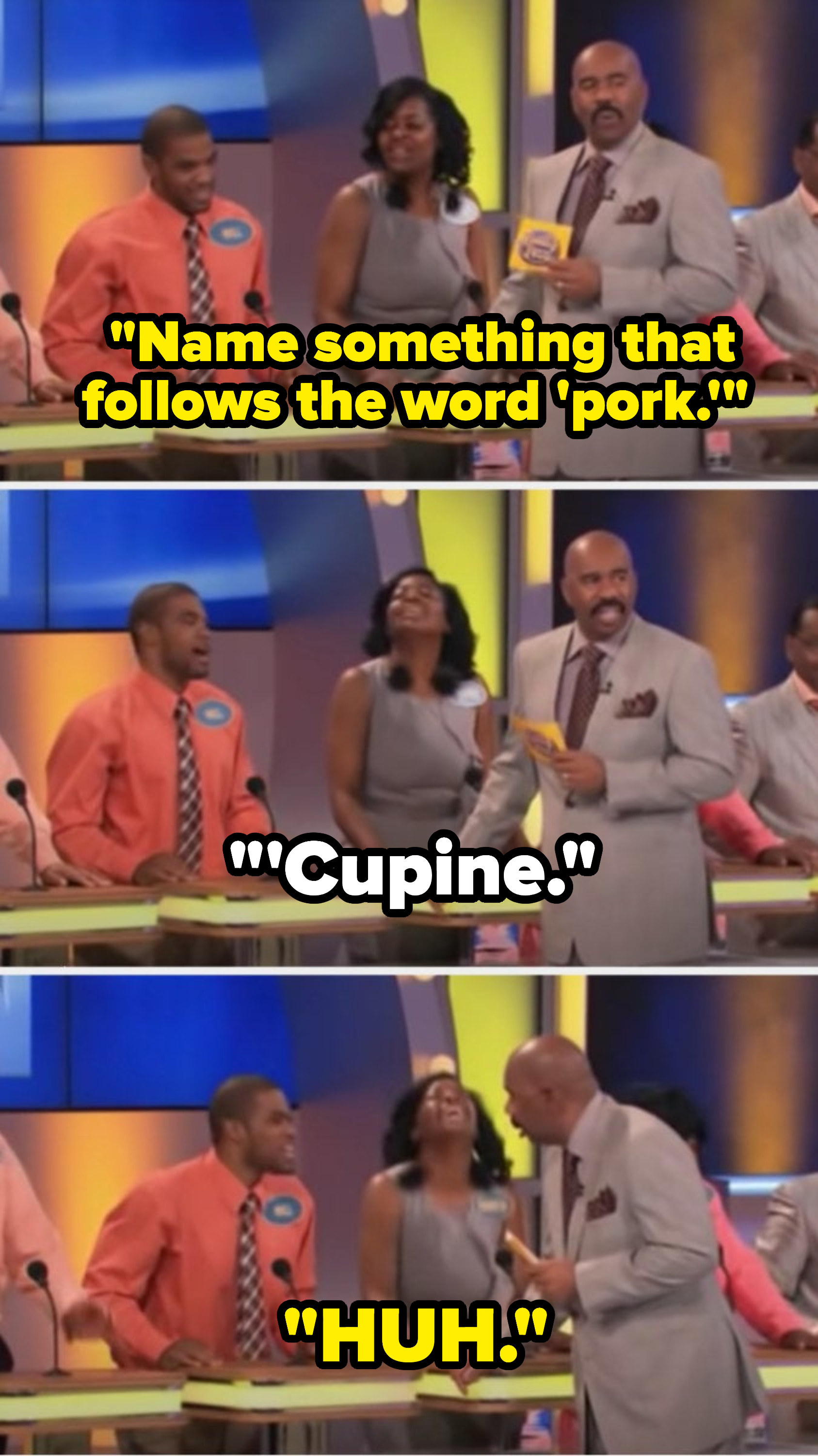 Steve says, &quot;Name something that follows the word ‘pork,’&quot; and a contestant says, &quot;&#x27;Cupine,&quot; making Steve go, &quot;Huh&quot;