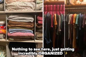 Reviewer photo of a closet organized with shelf dividers / Reviewer before and after of a cluttered closet next to a more organized closet / text: Nothing to see here, just getting incredibly organized