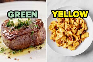 On the left, a steak topped with herbs and butter labeled green, and on the right, some pasta with meat sauce labeled yellow