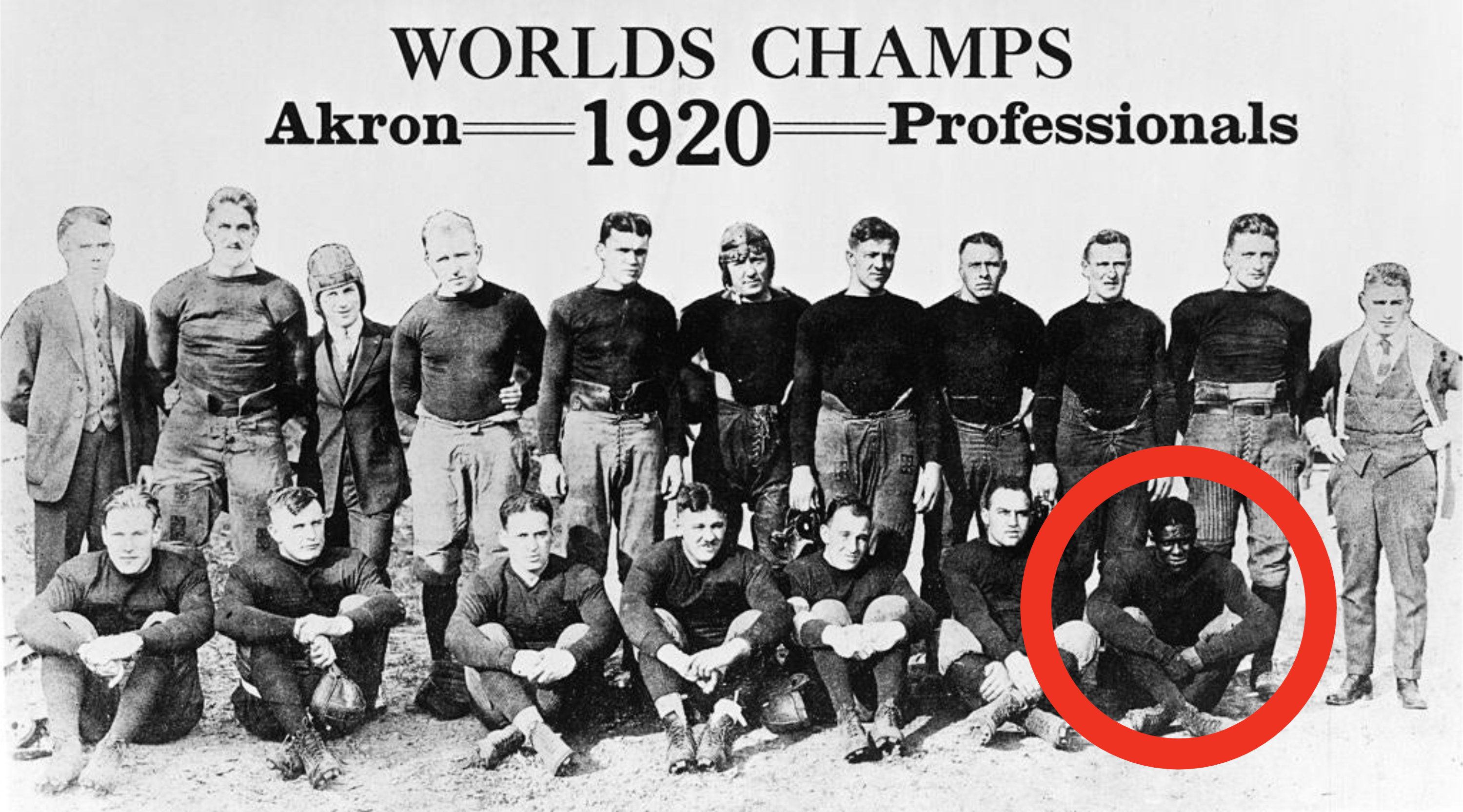 A football team photo with the only Black player circled