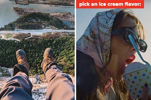 On the left, someone's feet tangling over the side of a cliff, and on the right, Olivia Rodrigo licking some strawberry ice cream in the Deja Vu music video labeled pick an ice cream flavor