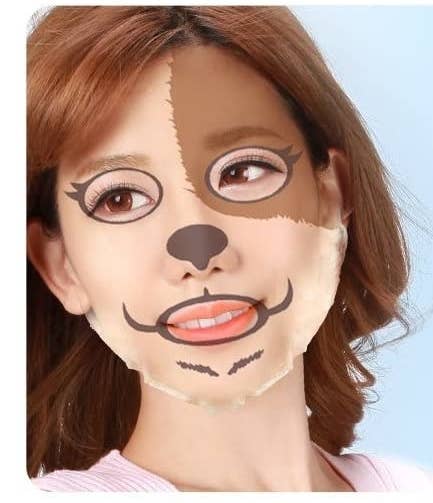 Someone wearing the dog-themed sheet mask
