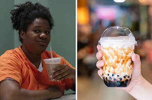 Black Cindy from OITNB is drinking Starbucks on the left with Boba tea on the right