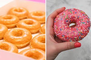A dozen of donuts are on the left with a sprinkle donut on the right