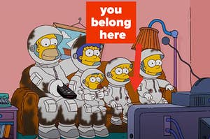 The Simpsons are sitting on a couch with a caption above them, "you belong here" and an arrow pointing at an empty space