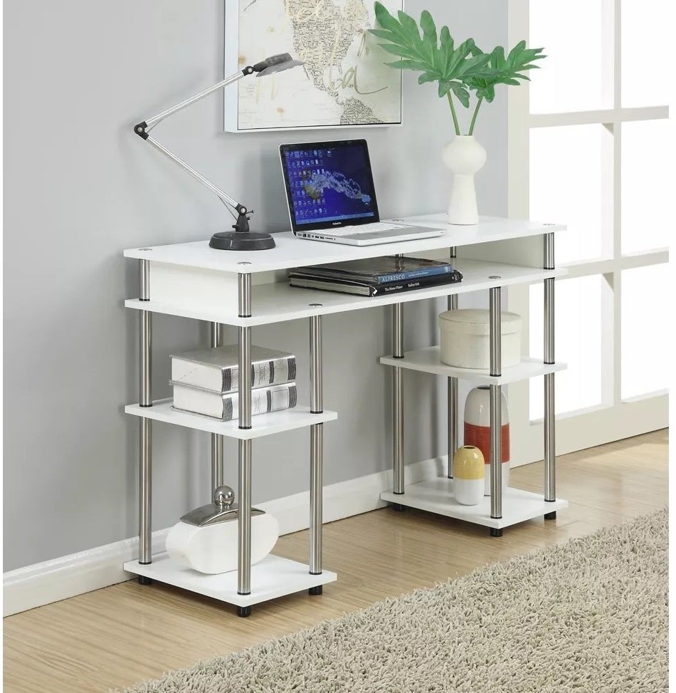 a student desk with shelves
