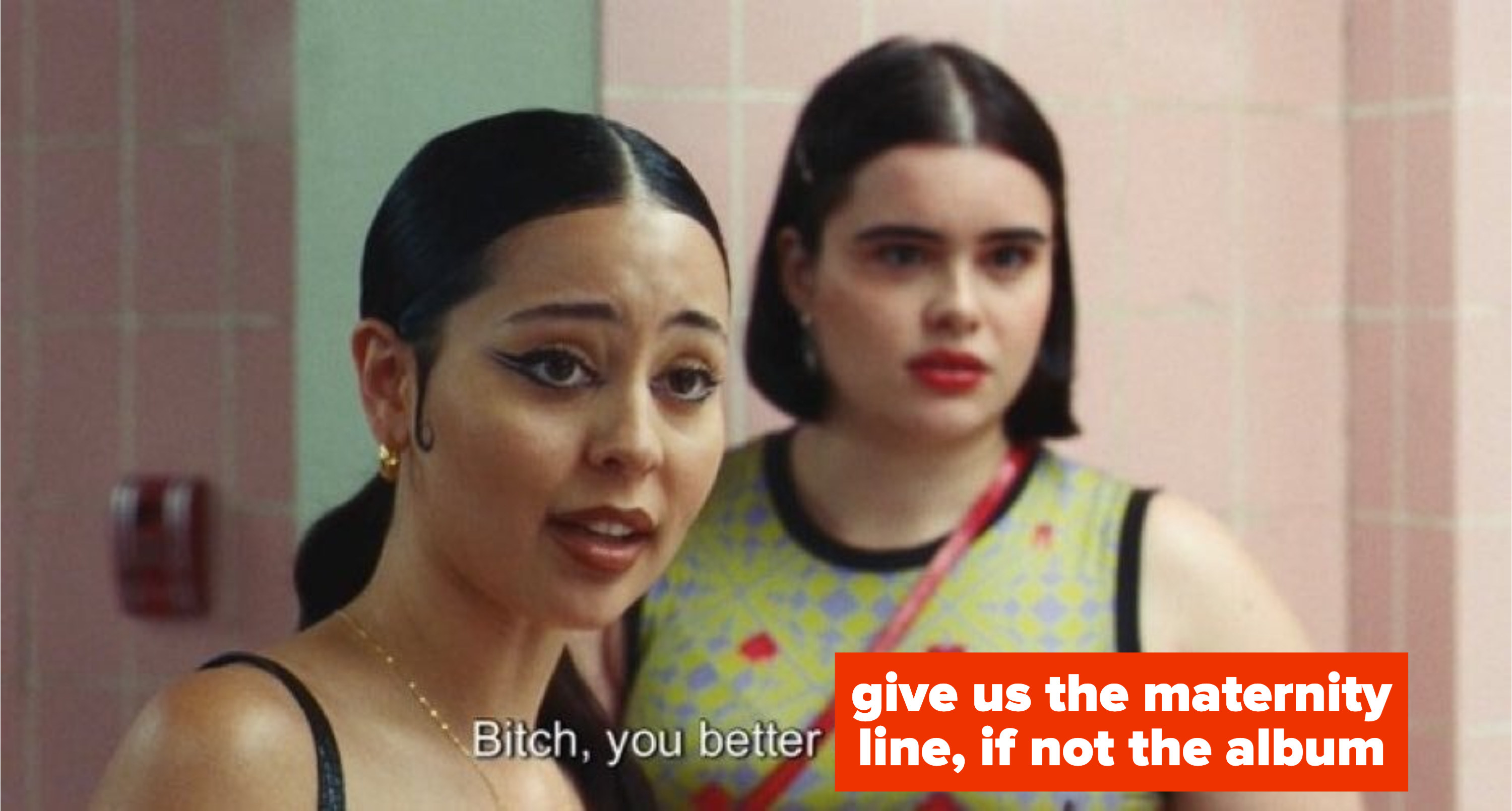 A meme featuring Maddie from Euphoria saying &quot;Bitch, you better give us the maternity line, if not the album&quot;