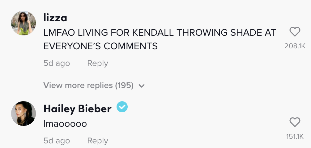 Hailey commented "lmaoooo"