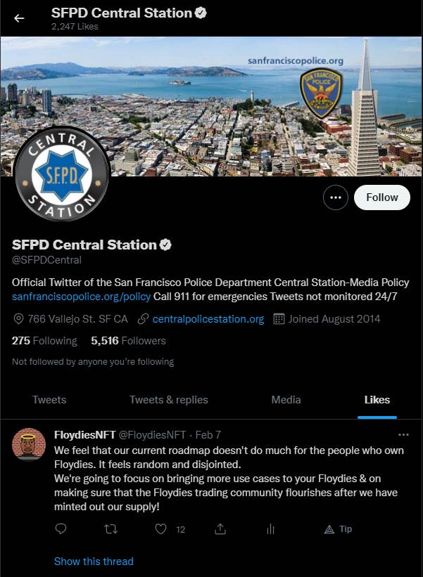 Screenshot of SFPD Central Station Twitter account liking a post from FloydiesNFT