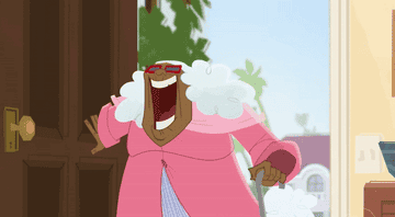 Suga Mama bursts through the door with her poodle Puff by her side.