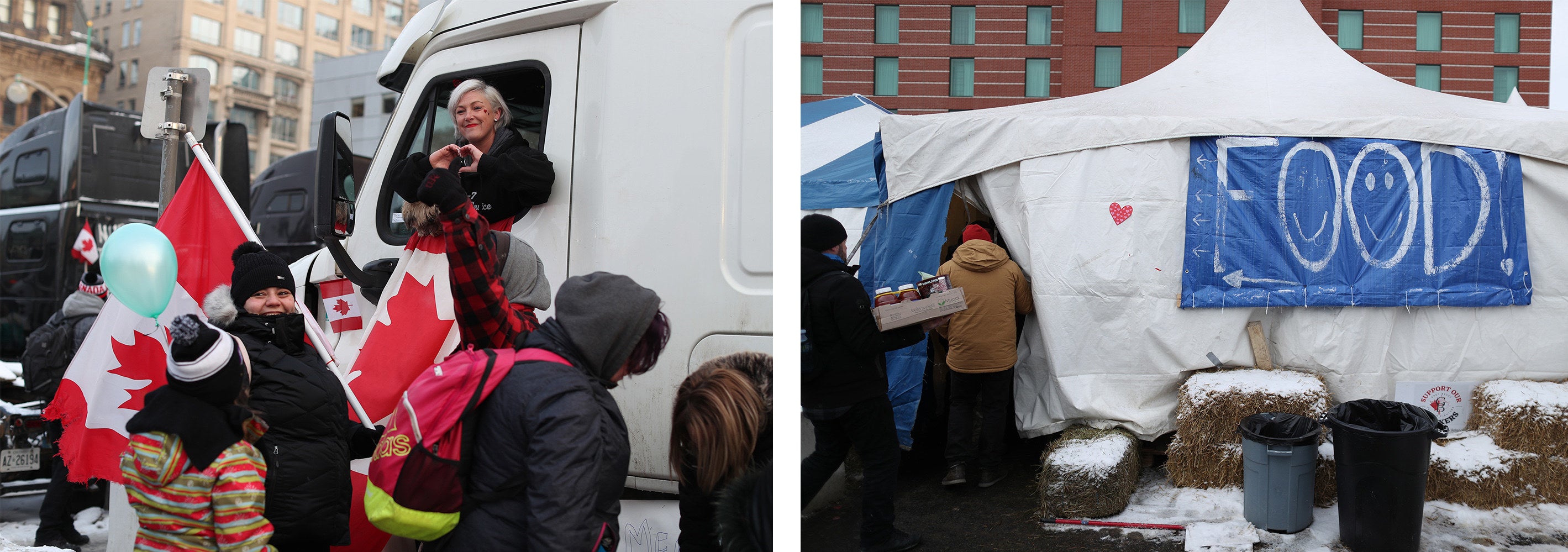 Protesters hold up Canadian flags as they walk by a truck and go into tents