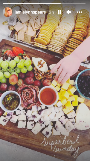 Screenshot from her IG story of a large charcuterie board