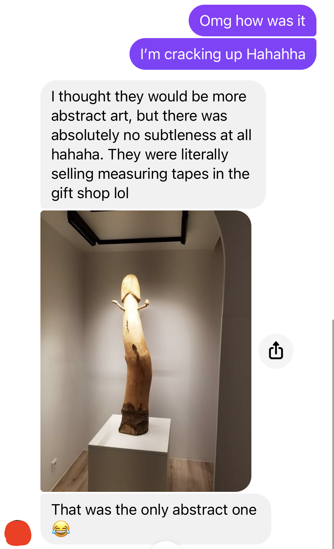 messages saying the person thought it&#x27;d be abstract art but it was no subtleness, and that they were selling measuring tapes in the gift shop, with a picture of a wooden statue of a penis
