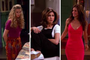 An outfit Phoebe wore on Friends, an outfit Rachel wore, and an outfit Monica wore