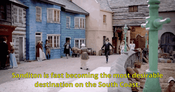 GIF shows people strolling through a quant English seaside town whilst one says Sanditon is fast becoming the most desirable destination on the South Coast