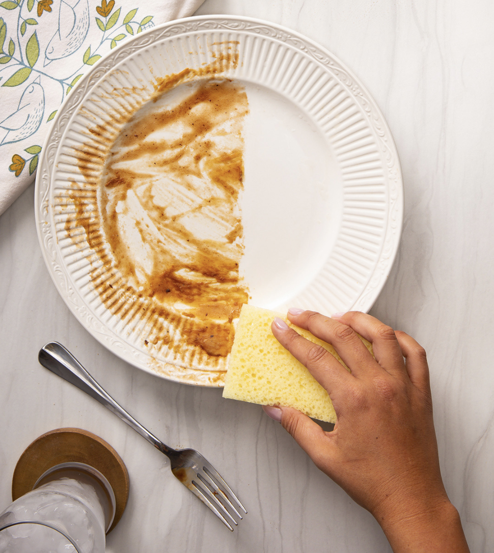 person using sponge daddy to clean plate