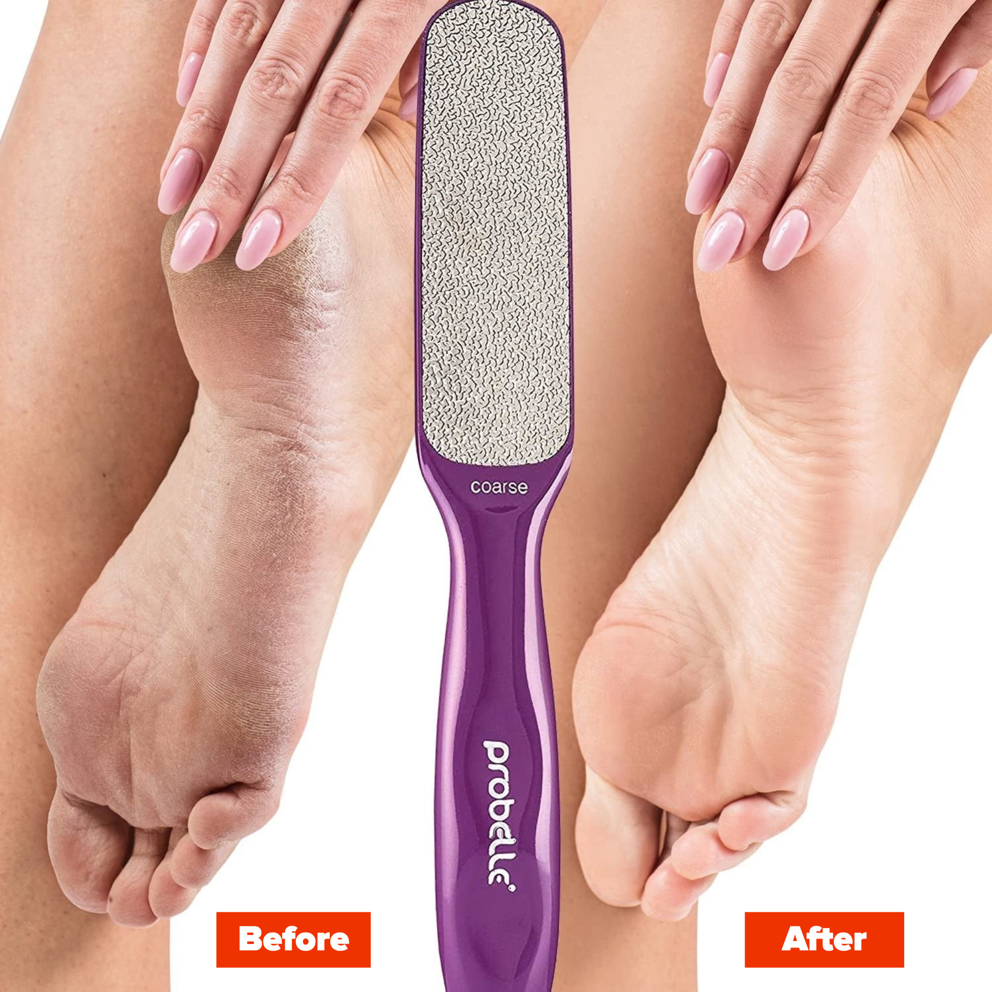 A before and after of dry feet and smooth feet with the foot file in the middle