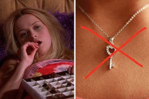 reese witherspoon eating chocolate in bed looking sad on the left and a heart shaped key necklace on the right with a big red x through it