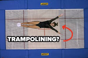 a girl on a trampoline in a gymnastics leotard